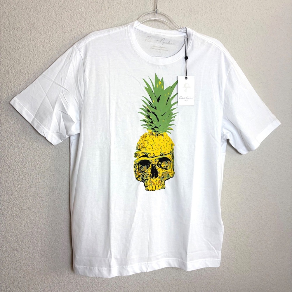 NEW Robert Graham‎ Skull Island White Cotton Graphic T-Shirt M Skull Pineapple